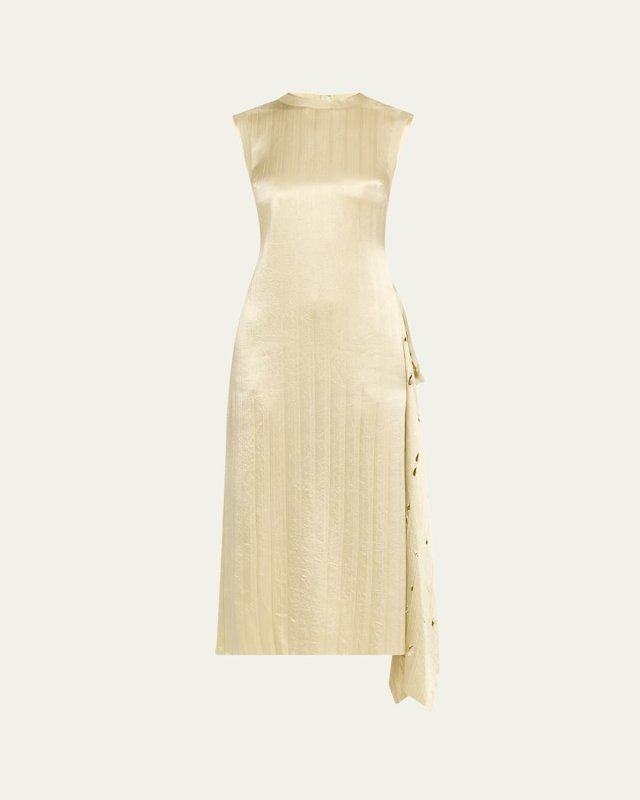 Crinkled Satin Laser-Cut Draped Shift Dress